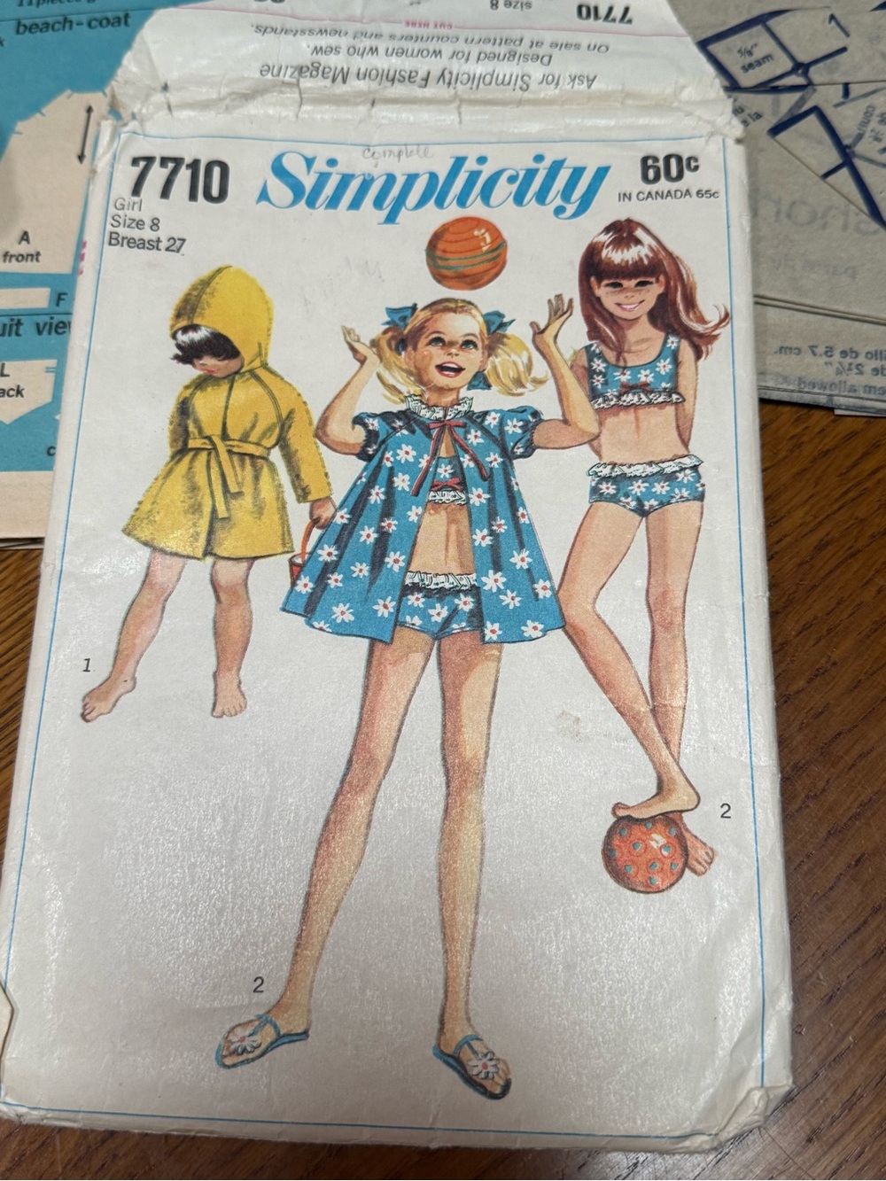 1968 Simplicity 7710 Swim Cover-Up & Bikini Pattern Girl’s Cut Complete